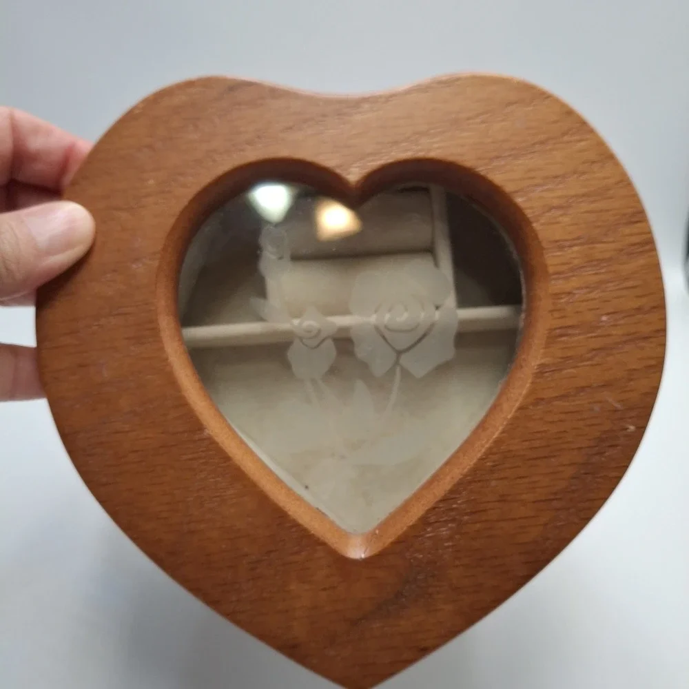 Vintage Jewelry Box Wood Heart Shaped Two Tier Swivel Glass Etched Floral Top